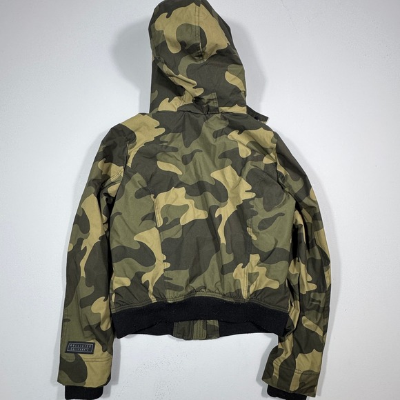 Hollister Jacket Camo Green Sherpa Lined Hooded Bomber Cropped Woman's Small - Picture 2 of 8